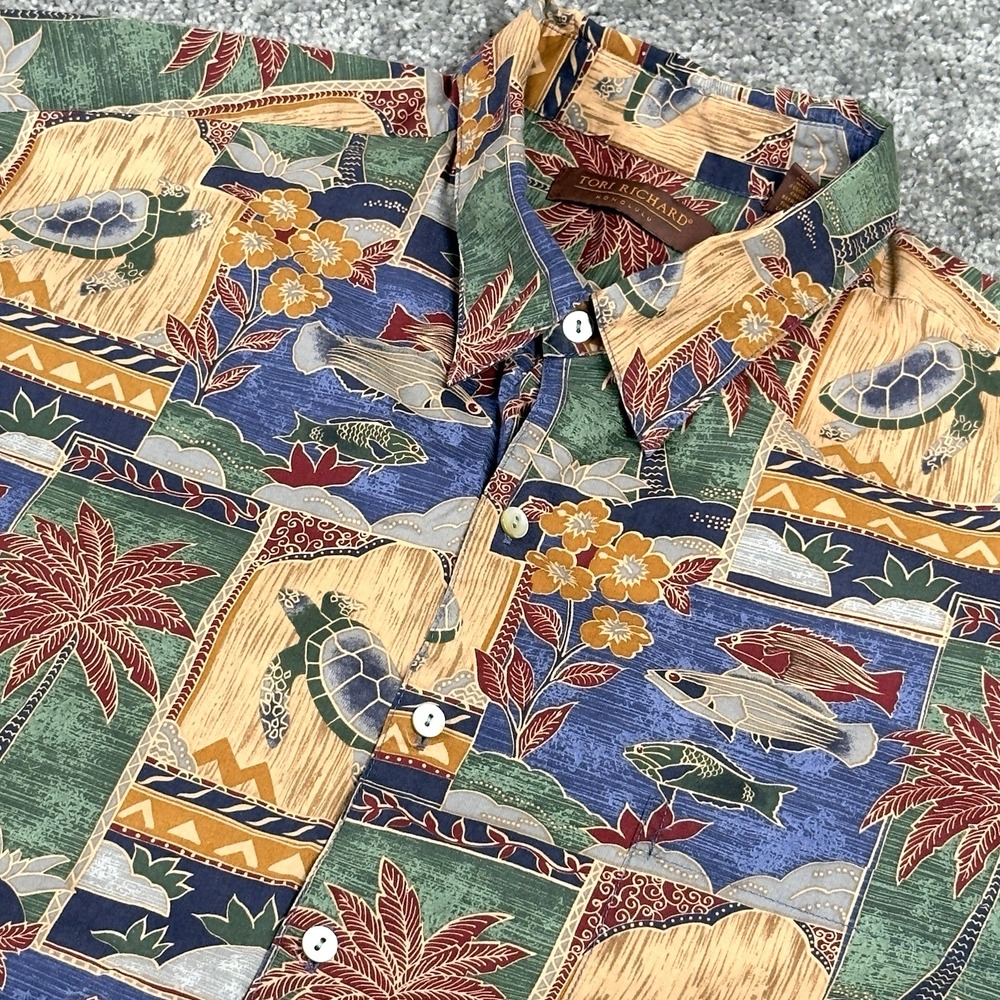Tori Richard Hawaiian Shirt Men's 2XL Fish Turtle Tropical Button Front